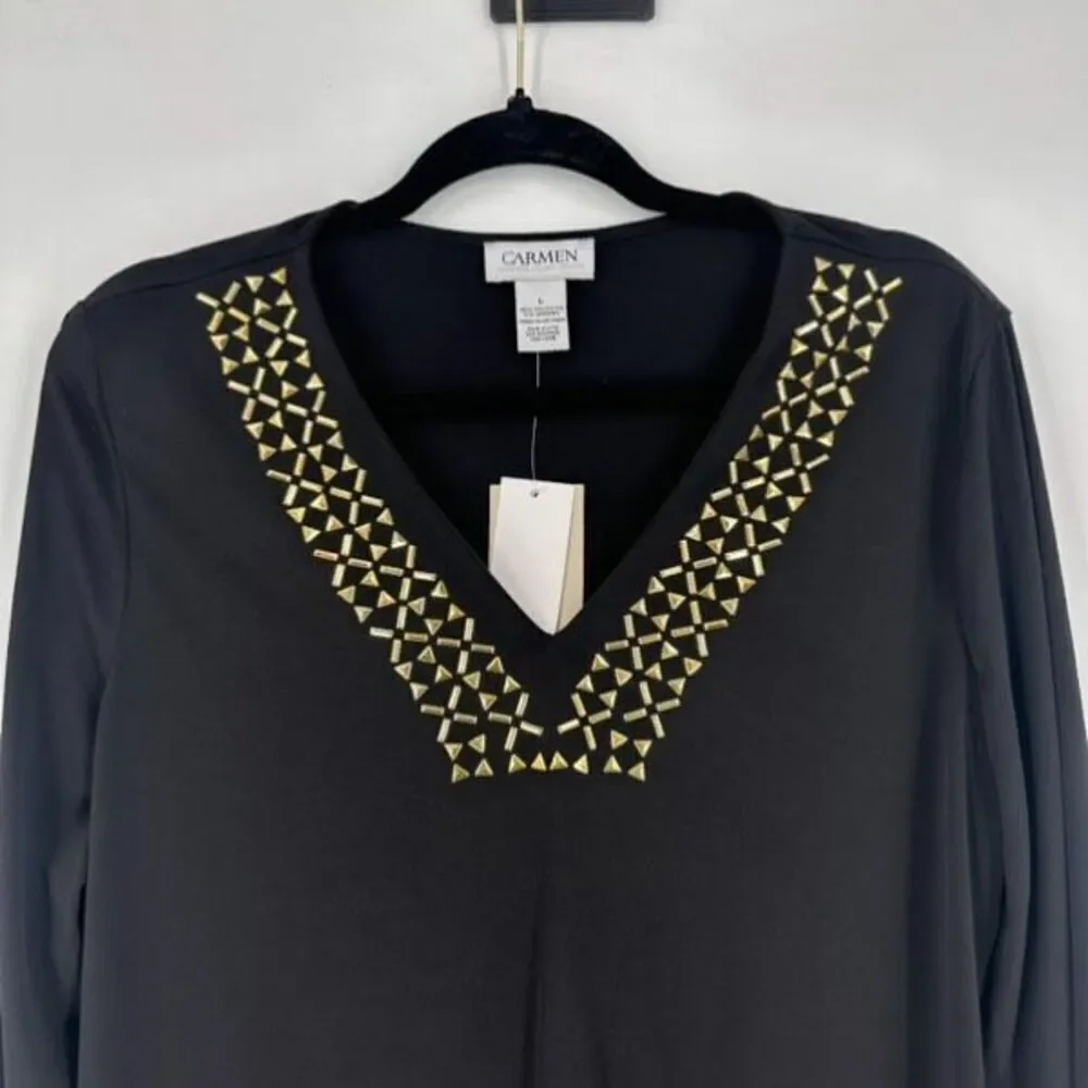 NWT Carmen Marc Valvo Women's V Neck  Studded Tunic Blouse Black Gold Size Large - Picture 5 of 8